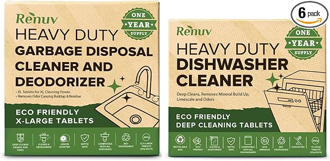 Renuv® Dishwasher Cleaner + Garbage Disposal Cleaner, 12 Tablets Each | Heavy Duty Kitchen Appliance, Deep Cleaning, Descaling and Deodorizing