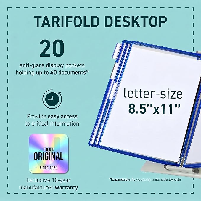Tarifold Desktop Reference Display System, 20 Pockets, Expandable, Blue | 20 double-sided PVC pockets, holds 40 letter-size sheets, sturdy metal base, quick-find indexing, quick and easy to assemble