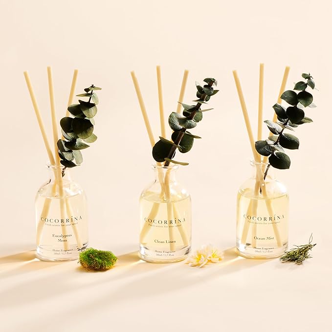 Reed Diffuser Set of 3 with Dried Eucalyptus for Home & Office | Eucalyptus & Moss/Clean Linen/Ocean Mist Scents,Aromatherapy Scented Oil Diffusers, 1.7 oz Each, Total 5.1 oz