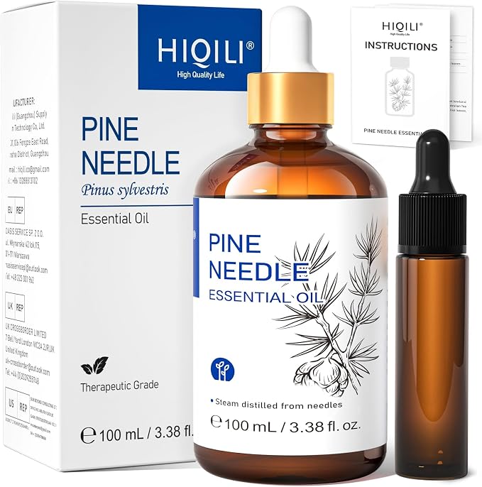 HIQILI Pine Needle Essential Oil for Skin, Candle Making, Cleaning Spray | Creating a fresh, woody scent for aromatherapy, DIY shampoo, soap, and beard care - 100ml / 3.38 fl oz