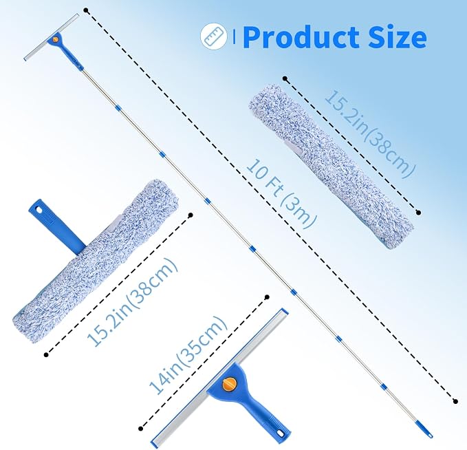 10Ft Window Squeegee with Long Handle, Window Washer for High Windows Glass | 14" Squeegee for Window Cleaning, 15" Microfiber Scrubber, 120" Window Cleaning Kit, Window Washing kit for Home, Outdoor
