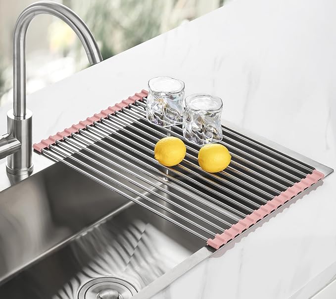 Tomorotec 17.7" x 12.5" Roll Up Dish Drying Rack Over Sink Drying Rack Sink Cover Kitchen Sink Accessories Gadget Multipurpose Organizer Foldable Stainless Steel Drainer
