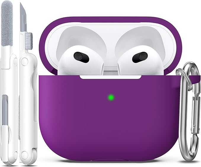 R-fun Compatible with AirPods 3 Case Cover, Silicone Protective Accessories Skin with Keychain Compatible with Apple AirPod 3rd Generation 2021 for Women Men Girls Boys,Front LED Visible,Plum