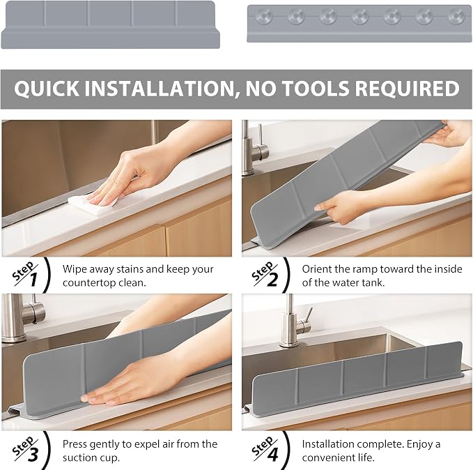 23Inch Sink Splash Guard – Extended Length & Tall Silicone Kitchen Sink Splash Guard with Overhang Drainage Design & Strong Suction Cups for Countertop (Dark Grey, 23''x3.5'')