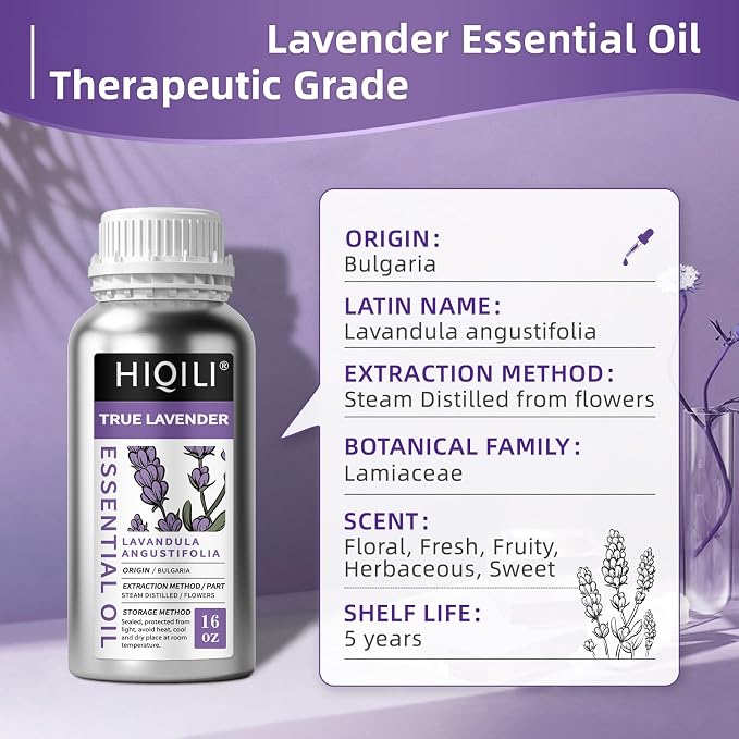 HIQILI Lavender Essential Oil for Aromatherapy, Candle & Soap Making | Large Capacity for Hotels Spas Salons & DIY Studios, Calming Scent, Relaxation & Skin Care - 500mL / 16 fl oz