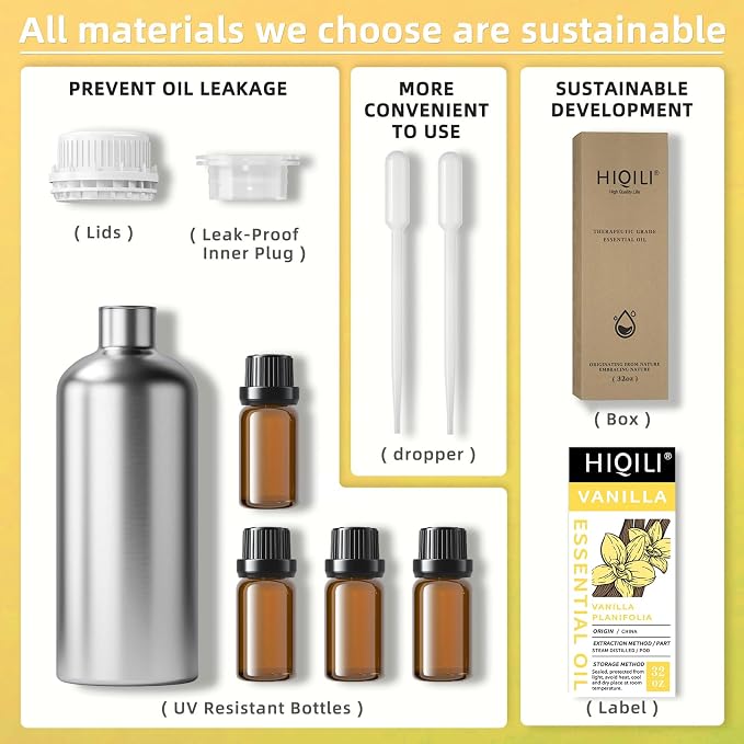 HIQILI Vanilla Essential Oil Bulk, Strong Scent for Candle Soap Making | Fragrance for Diffuser, Perfume, SPA, Making Spray, Skin Care, Add to Shampoo, Body Lotion - 1000 mL / 32 fl oz