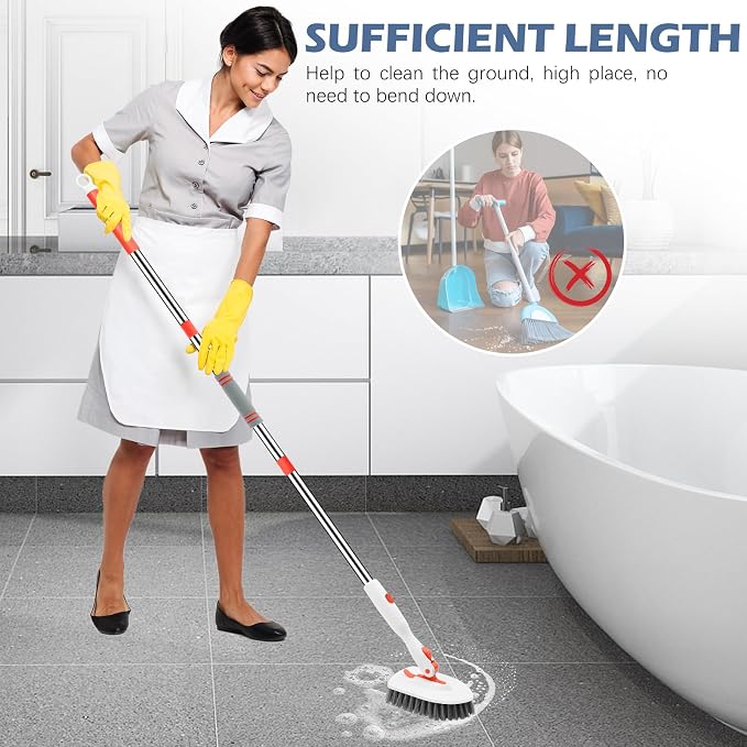 SetSail 4-in-1 Tile Tub Floor Scrubber with Floor Scrub Brush, Orange | with 3 Detachable Replacement Brush Head, Multi-Angle Cleaning Locks at 45°, 90°, 180° for Bathroom Kitchen Walls Tub Tile