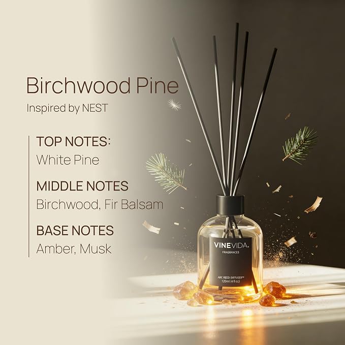 VINEVIDA Reed Diffuser Birchwood & Pine | Diffuser Reed for Home & Bathroom | Long-Lasting Scent Sticks Set | Oil Stick Diffuser | Bathroom Scent