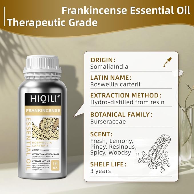 HIQILI Frankincense Essential Oil Large Capacity for Body Massage | Skin Care and Aromatherapy.Suitable for Hotel, DIY Studio, Beauty Salon,SPA, Sauna, Bath Center - 500mL / 16 fl oz