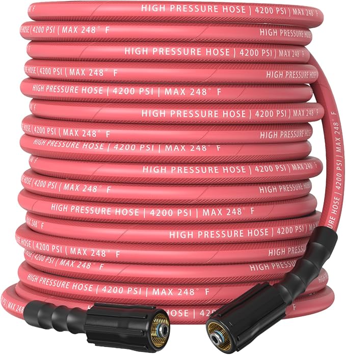 Pressure Washer Hose 50 ft, 4200 PSI Flexible & Kink-Resistant, Steel-Braided & Durable, High Power Washer Hose with M22-14mm Stainless Steel Plug, Hot/Cold Water Compatible - 50 Foot, Red
