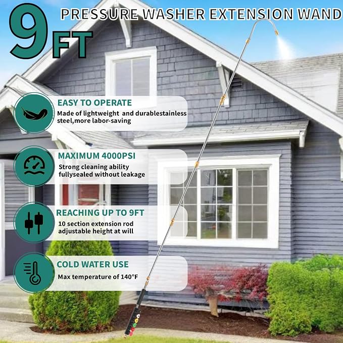 Pressure Washer Extension Wand for Gutter Cleaning - Stainless Cleaning Tools with Spray Nozzle Tips,30°90°120°Curved Rod 1/4’’Quick Connect Replacement for Anti-Leaked Ring 4000 PSI