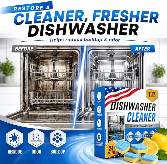 Dishwasher Cleaner Deodorizer Tablets, 24 Pack Dishwasher Cleaning Tablets Descaler Pods for Limescale, Calcium & Hard Water Stains, Lemon Dishwasher Cleaner Pods for Odor, Grease & Machine Care