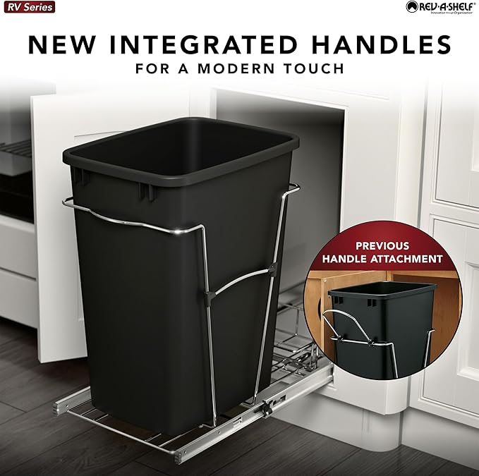 Rev-A-Shelf Pullout Trash Can for Kitchen Cabinets 35 Qt Garbage Waste Recycling Bin w/ Full Extension Slide, Metallic Silver, RV-12KD-17C S