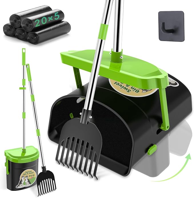 UPSKY Dog Pooper Scooper Swivel Bin & Rake Kit with 100 Waste Bags,33.4" Stainless Steel Long Handle Heavy Duty Pet Poop Shovel for Large Medium Small Dogs, Odor-Proof Lid for Yard/Lawn/Outdoor Use