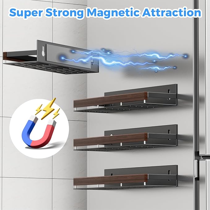 Walnut Magnetic Spice organizer for Refrigerator Wall Mount Spice Rack Magnetic Fridge Shelf Spice Jar Seasoning Organizer (4 PSC)