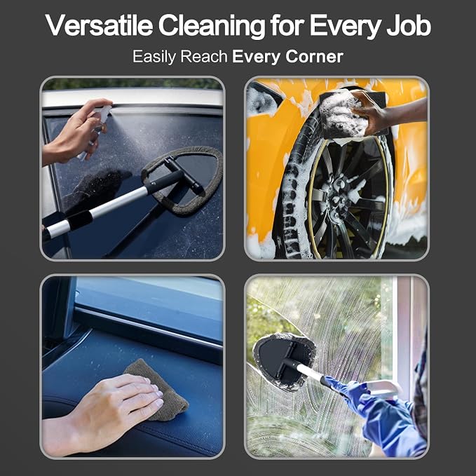 Windshield Cleaner Tool 22.5" L - Car Interior&Exterior Window Cleaning Kit with Extendable Handle&4 Microfiber Pads and Thick Large Wash Sponge, Auto Glass Wiper Brush Kit for Cars Home (7pcs Grey)