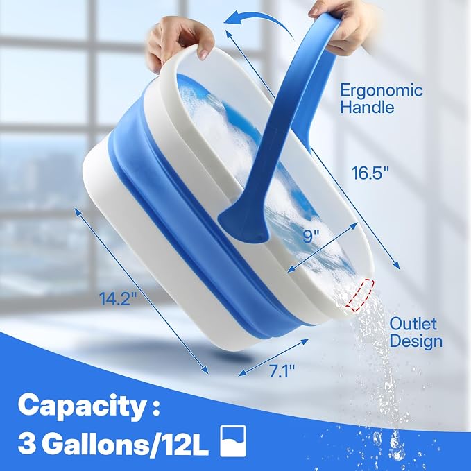 PIMEKOY Window Cleaning Kit with 3 Gal Collapsible Bucket for Home, Outdoor | 61" Long Handle Window Squeegee & Microfiber Scrubber, 3 Gal Bucket, High Window Washing Kit, Window Cleaner Tool for Glass