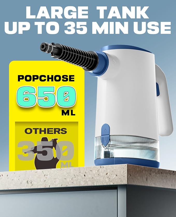 POPCHOSE Handheld Steam Cleaner, 15s Instant Heat with 650ML Tank | Lightweight Portable Steamer Featuring 2 Modes for Cleaning Kitchen, Grout, Pet Stains, Couch, Car & Bathroom