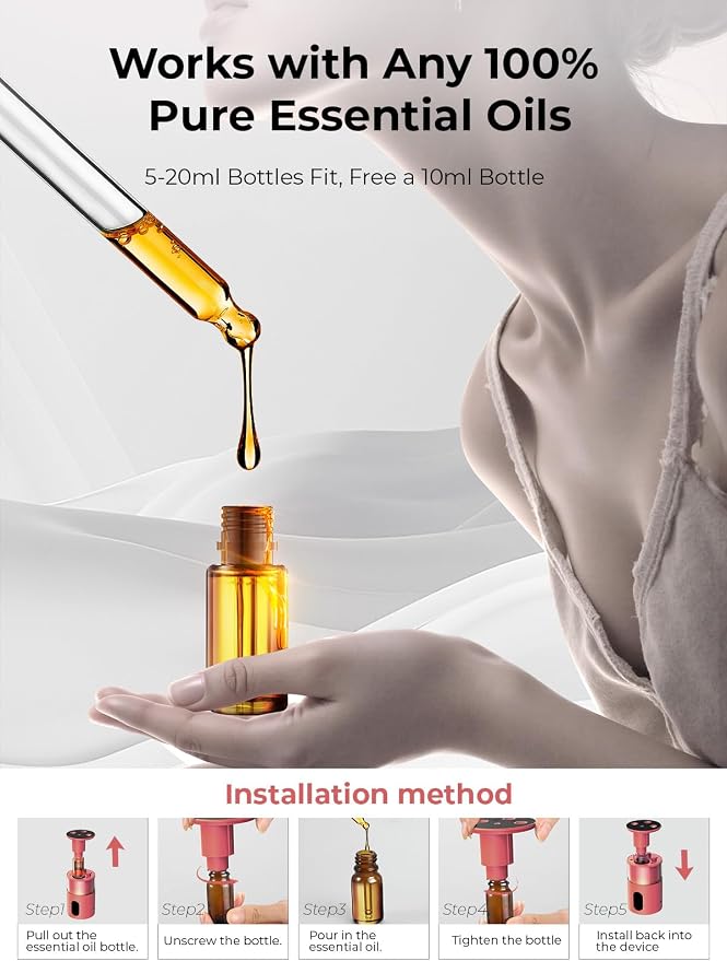 Waterless Essential Oil Diffuser: 𝟗-𝐂𝐨𝐥𝐨𝐫 𝐋𝐄𝐃 Bright Red | Portable Scent Diffuser - No Water No Heat For Pure Aroma - 48H Battery 3 Mist Levels & 4 Timers for Car Office