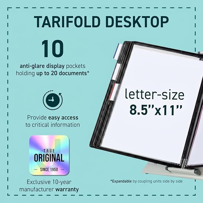 Tarifold Desktop Reference Display System, 10 Pockets, Expandable, Black | 10 double-sided PVC pockets, holds 20 letter-size sheets, sturdy metal base, quick-find indexing, quick and easy to assemble