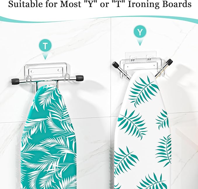 Ironing Board Hanger Wall Mount, Ironing Board Holder for T or Y Leg, Stainless Steel Iron Board Hanger, Laundry Room Wall Hook for Iron Board Holder