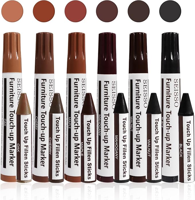 Furniture Repair kit, Wood Scratch Cover Markers*6 and Wax Filler Sticks*6 with Sharpener- 13Pack, Furniture Markers Touch Up Kit for Cover Ups Wooden Floors, Tables, Desks, Carpenters, Stains