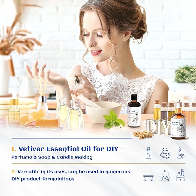 HIQILI Vetiver Essential Oil for Diffuser, Massage, Skin Care | Suitable for Aromatherapy, Candle & Soap Making Scent, SPA, Add to Shampoo, Lip Balm - 30 mL / 1 fl oz