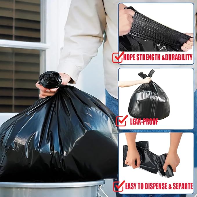 2-4 Gallon Trash Bags, 200 Count Black Garbage bags, Small Trash Can Bin Liners for Bathroom, Office, Industrial, Commercial, Janitorial, Municipal, Recycling…