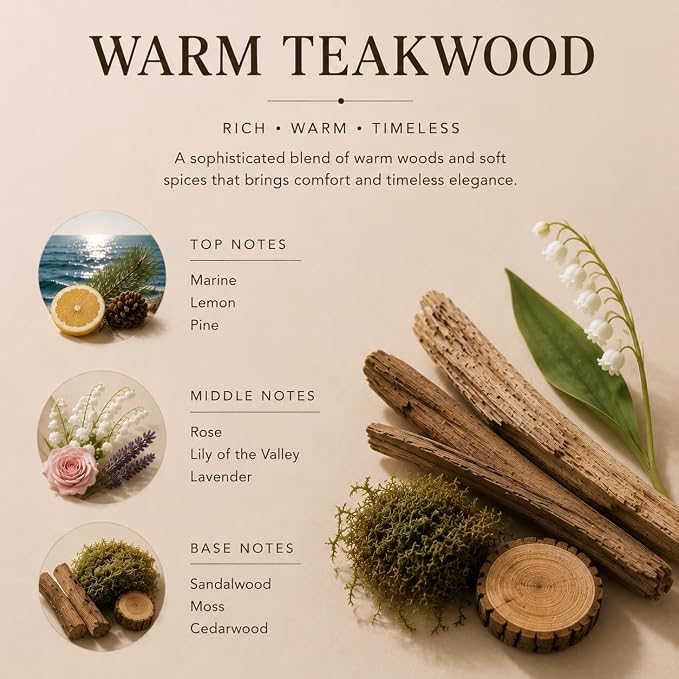 Reed Diffuser Set,3.38 fl oz (100 ml) - Warm Teakwood Oil Diffusers with 8 Reed Sticks, Home Fragrance Reed Diffuser for Bathroom Shelf Decor