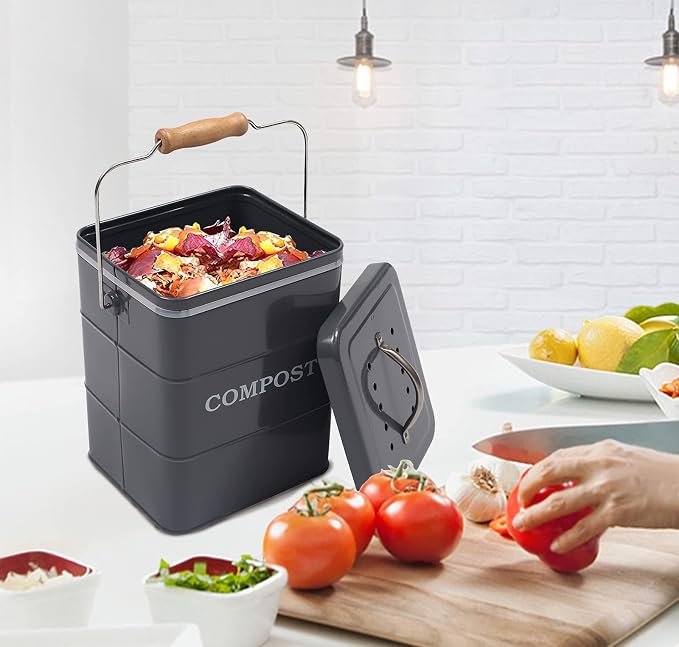 Stainless Steel Compost Bin, 1 Gallon, Kitchen Countertop Compost Bin, Includes Charcoal Filter, Compost Bucket Kitchen Pail Compost with Lid, Gray