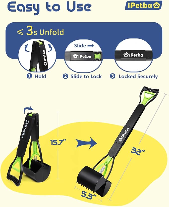 Large Dog Pooper Scooper for Yard, 32 inch Long Handle, No Bending | Save Back, Heavy Duty, Powerful Jaw Grip, One-Hand Operation, Mess-Free Pickup for Grass Gravel Concrete, Easy to Rinse