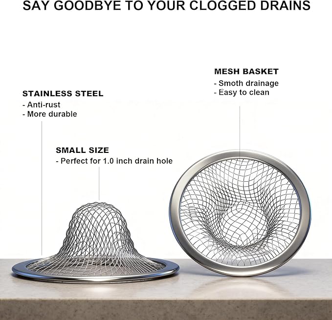 Huntonry 1.0" Small Drain Strainer, Sink Drain Hair Catcher, Bathroom Sink Drain Strainer, 2PCS Drain Mesh Baskets for Laundry, Mop Pool, Utility, Slop, RV Sink, Stainless Steel Drain Filter