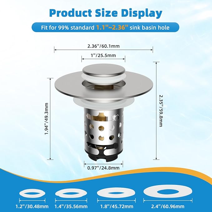 2PCS Universal Bathroom Sink Drain Strainer Hair Catcher, Brushed Nickel | Upgraded with 2-Layer Detachable Filter Basket, 4 in 1 Pop Up Drain Strainer, Anti-Clog, Fit for 1.1''~2.36'' Sinks