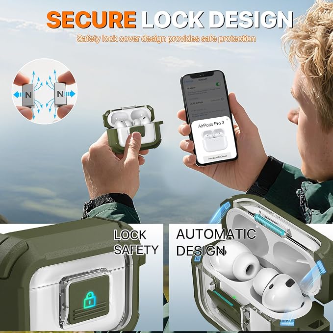 R-FUN for AirPods Pro 3 Case with Lock Magnetic Lid MagSafe, Green | Compatible Apple AirPods Pro 3, Compatible MagSafe, Protective Case with Cleaner Kit & Carabiner, Powerful Drop Protection