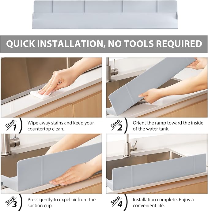 Full-Coverage Sink Splash Guard – 22.8 Inch Extra-High Ramp with Super Strong Suction Cups, Silicone Sink Splash Guard with Front-Edge Storage for Kitchen (Grey, 22.8''x4''x2.8'')