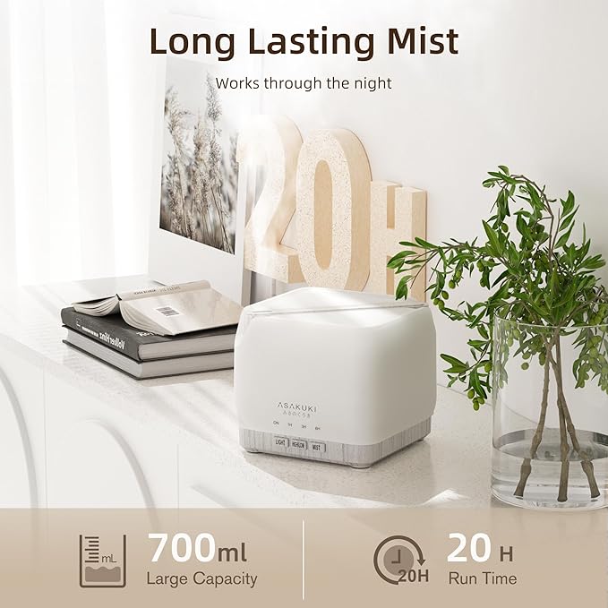 ASAKUKI Essential Oil Diffuser for Home Large 700 ml Humidifier | Automatic Shut-Off, Quiet Aromatherapy Diffuser with 7 LED Lights for Living Room, Kitchen, Bedroom, Hotel - White