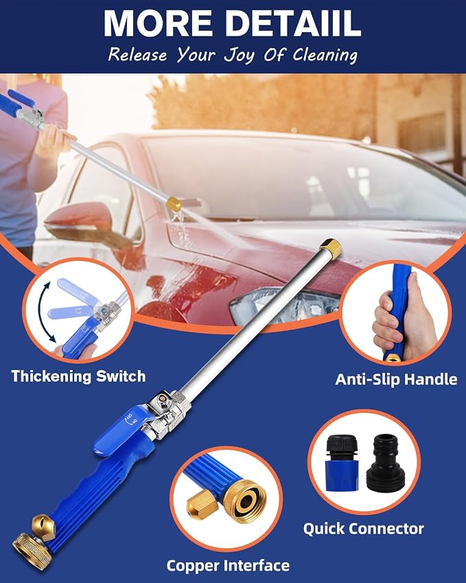 High Pressure Power Washer Wand, Upgraded Watering Sprayer Cleaning Tool | Hydro jet water hose nozzle with 2 different nozzles, quick connect flexible wand, for gutter, patio, car, pet, window