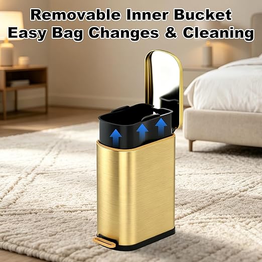 SYNCVIBE Slim Bathroom Trash Can with Soft Close Lid Stainless Steel Garbage Can Step Trash Bin with Removable Inner Bucket for Bedroom, Office, Kitchen (Gold, 3.5 Gallons)