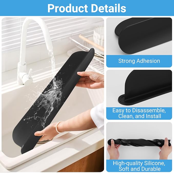 19.3 inch Sink Water Splash Guard, Silicone Sink Splash Guard, Backsplash Protector for Kitchen Countertop & Bathroom Bathtub with Non-Slip Strong Suction, Black, Pack of 2