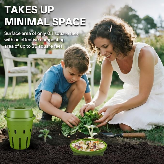 Inground Worm Composter, Mini Underground Worm Farm for Garden Beds, Outdoor Worm Compost Bin for Food Waste, Vermicomposting Bin for Beginners, Elderly, Children (7x7x7.4Inch), Green, 4-Pack