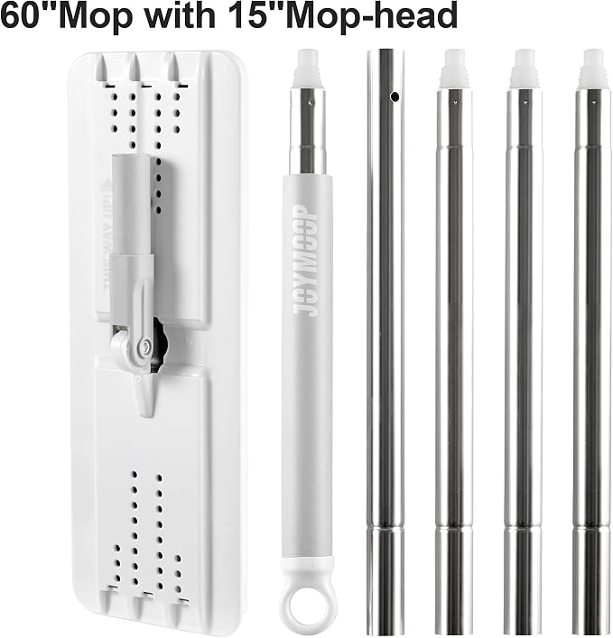 JOYMOOP Flat Mop System, Microfiber Mop for Floor Cleaning, 60" Long Handle with 15" Microfiber Flat Head, White