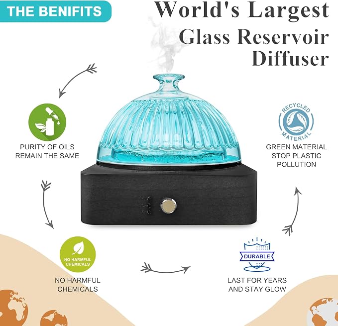 Glass Dome Essential Oil Diffuser with Glass Reservoir & Wood Base-Plastic Free, 200ml Ultrasonic Diffuser for Aromatherapy with Timer 7 Color Light Auto-Off for Home Office Yoga Dark Brown