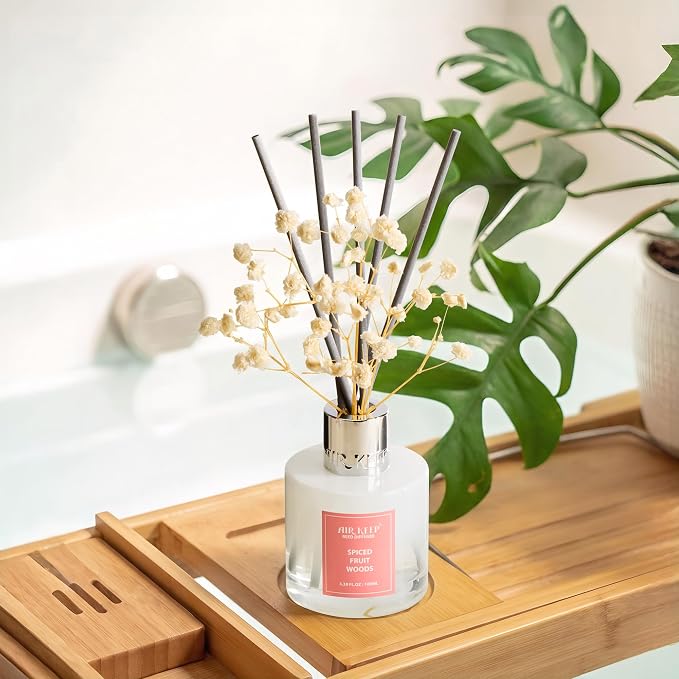 Reed Diffuser Set,3.38 fl oz (100 ml) - Spiced Fruit Woods Oil Diffusers with 8 Reed Sticks, Home Fragrance Reed Diffuser for Bathroom Shelf Decor