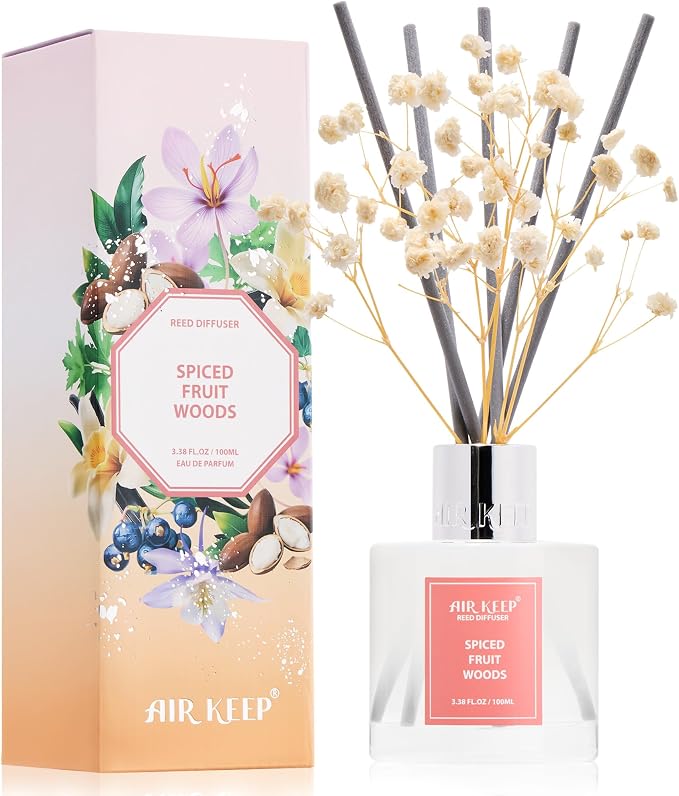 Reed Diffuser Set,3.38 fl oz (100 ml) - Spiced Fruit Woods Oil Diffusers with 8 Reed Sticks, Home Fragrance Reed Diffuser for Bathroom Shelf Decor