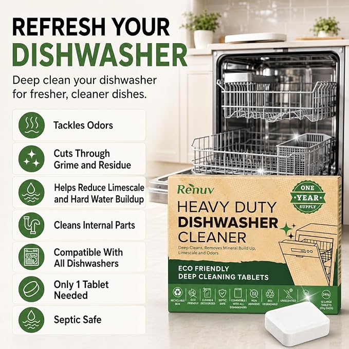Renuv® Dishwasher Cleaner + Garbage Disposal Cleaner, 12 Tablets Each | Heavy Duty Kitchen Appliance, Deep Cleaning, Descaling and Deodorizing