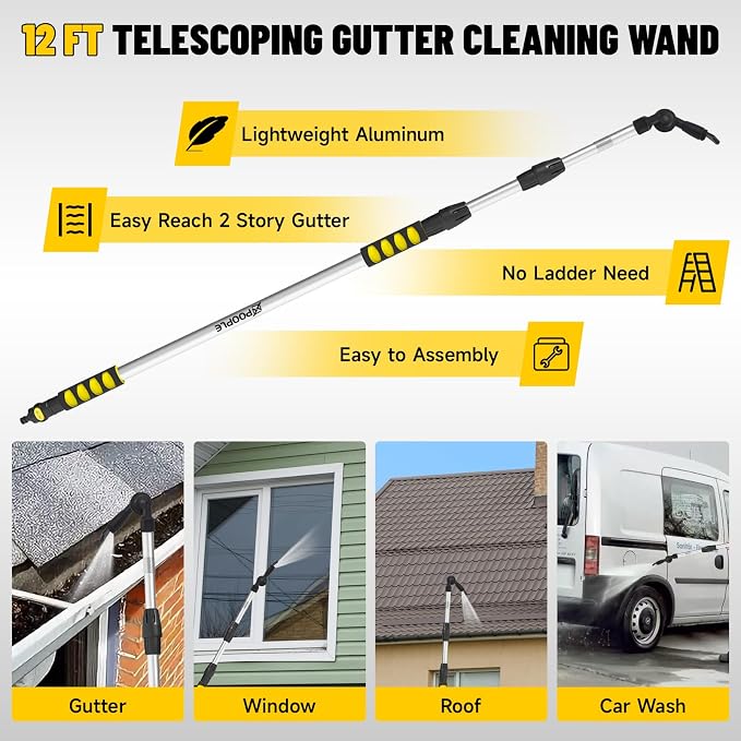 12ft (20ft Reach) Gutter Cleaning Tools from The Ground, Telescoping Rain Gutter Cleaner Tool, 270° Rotatable Gutters Cleaning Wand, Gutters Cleaning Hose Attachment & Connection Adapter