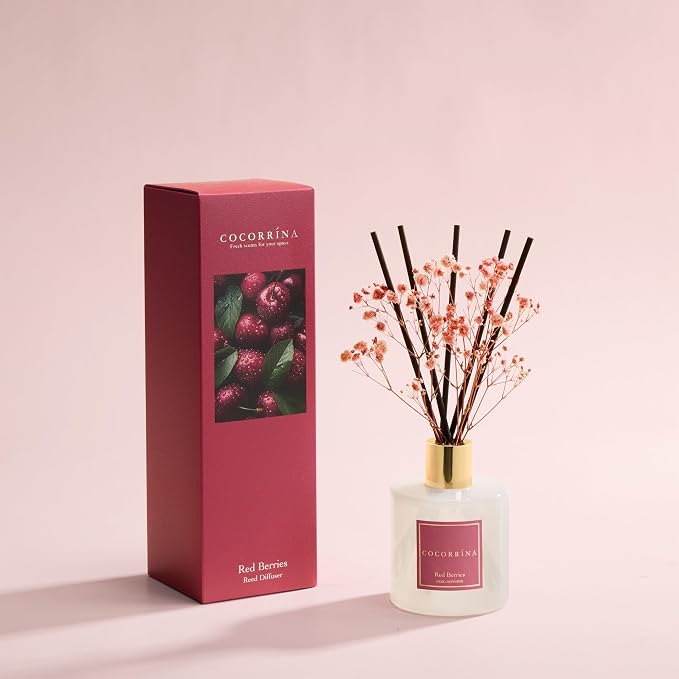 Reed Diffuser - Red Berries 6.7 fl oz Reed Diffuser with Sticks, Home Bedrrom Bathroom Shelf Decor