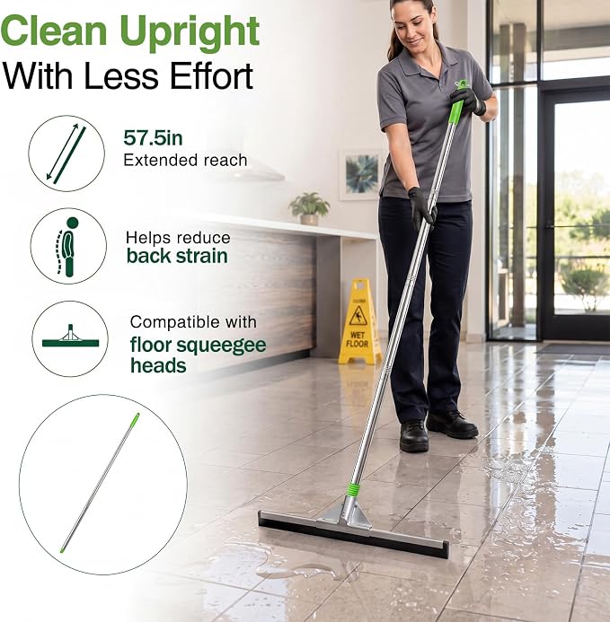 4 Pack 57.5-Inch Stainless Steel Floor Squeegee Replacement Handles, 3/4-Inch Acme Thread Poles with Non-Slip Grip and Hanging Cap for Commercial Cleaning, Green