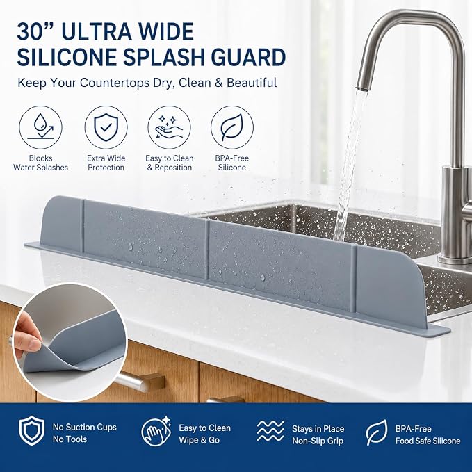 30 inch(75cm) Premium Kitchen Sink Silicone Water Splash Guard SIZE UPGRADE 30" and new package - NO Suction Cups, Ultra Wide 30" - Made in Korea (Ultra Wide Eco Gray)