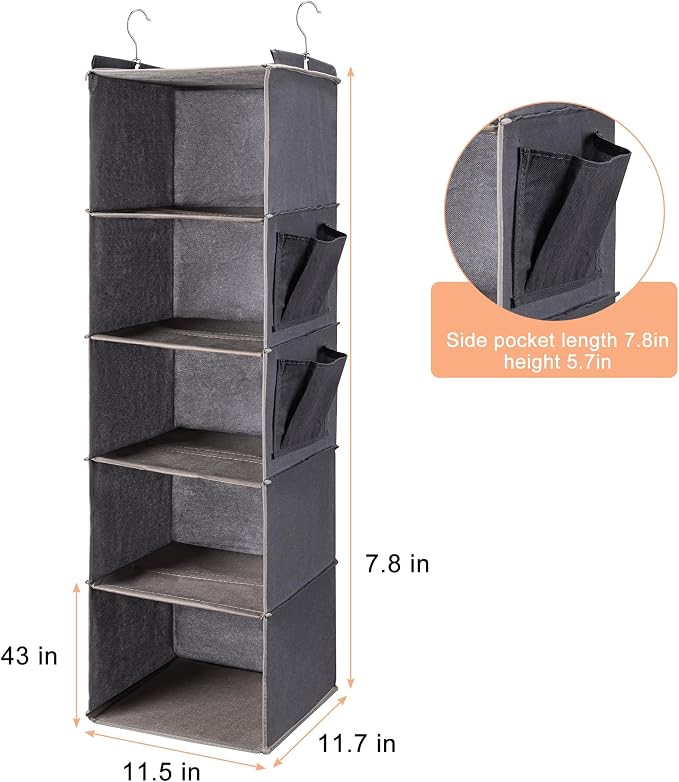 BOOMIBOO Hanging Closet Organize and Shelves,5-Hanging Shelf（2 Pack,Grey） | Dorm Room Essentials, Clothes Organizer with 2 Side Pockets, Hanging Shelves for Closet Storage, Breathable Fabric